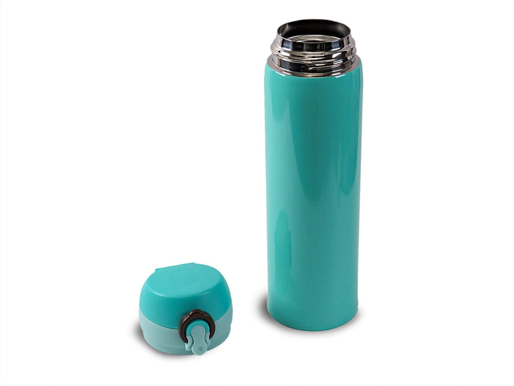 Open Yellow Bee Stainless Steel Thermos Flask in Aqua with lid off, showcasing the round mouth design.