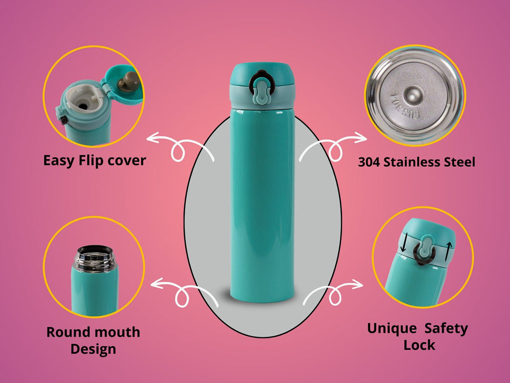 Design details of Yellow Bee Aqua 500ML Thermos Flask showing flip cover and stainless steel.