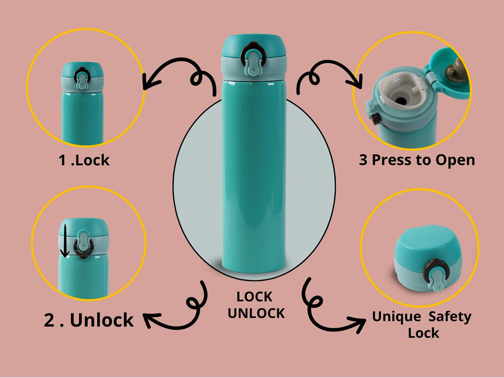 How-to-use diagram for Yellow Bee Aqua Thermos Flask with safety lock feature.