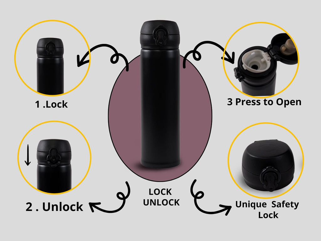 Yellow Bee Black Flask with Unique Safety Lock Feature