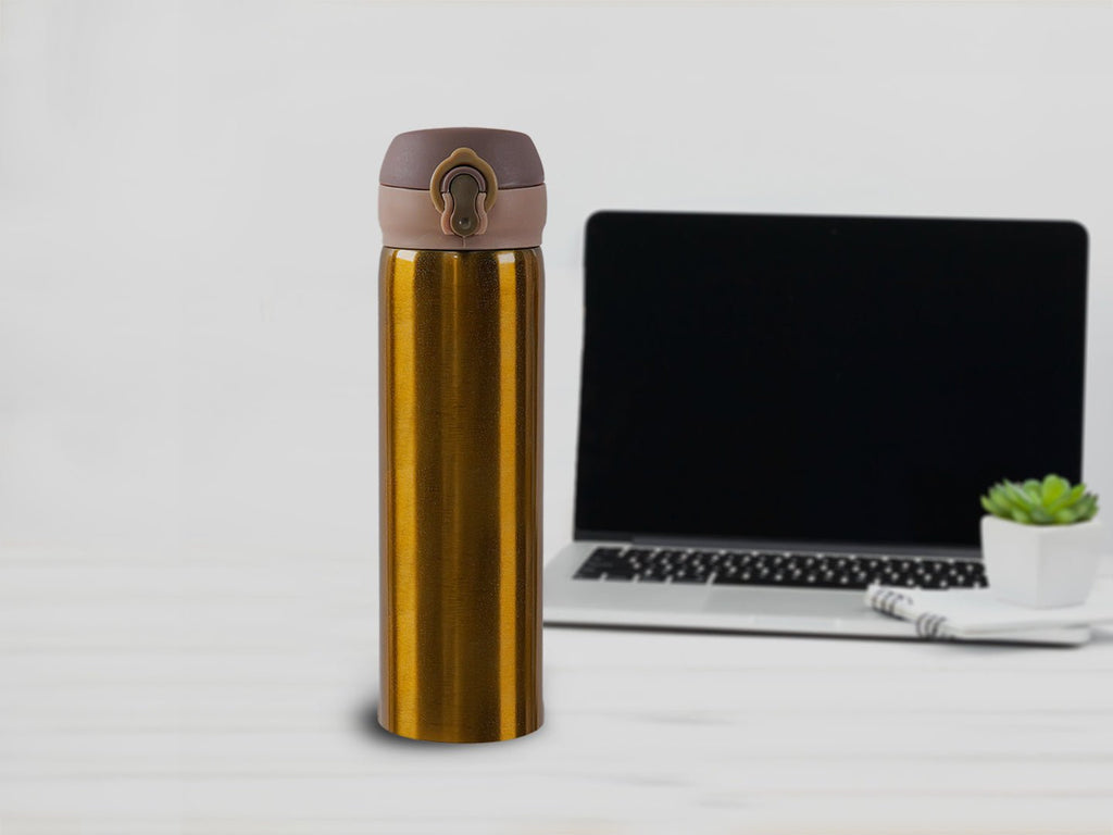 Yellow Bee Stainless Steel Thermos Flask in Gold - Side View