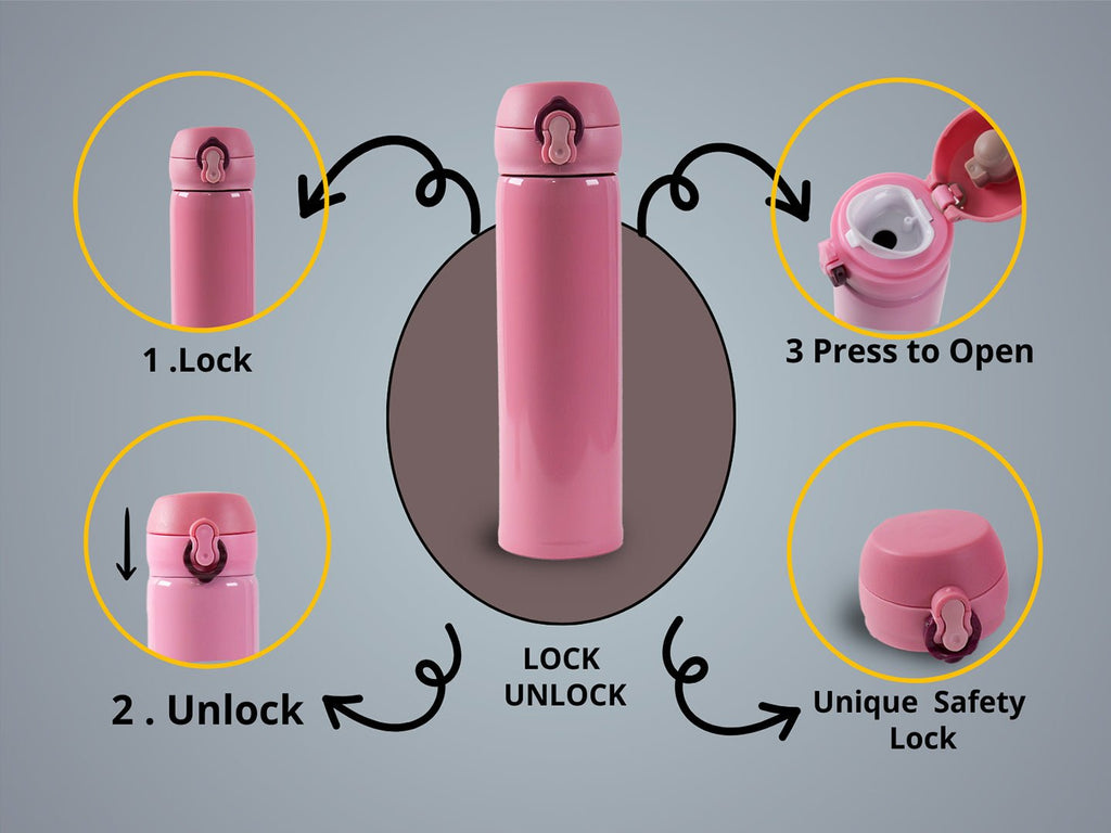 Close-up of the locking mechanism on the Pink Yellow Bee Stainless Steel Thermos Flask