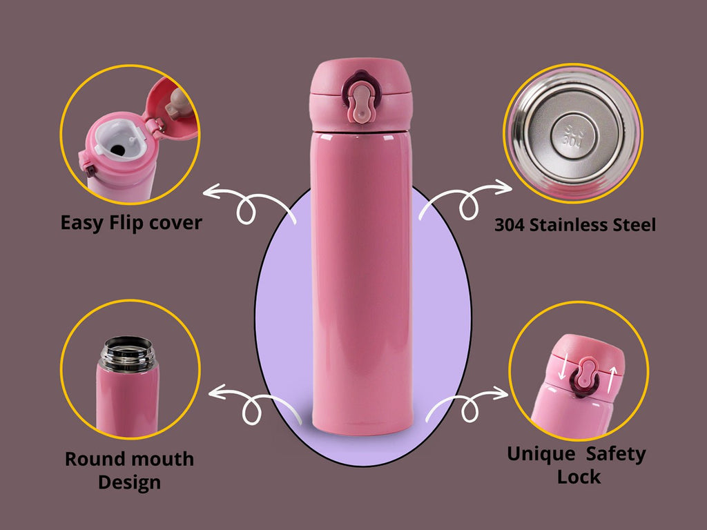Showcasing the easy flip cover and round mouth design of the Pink Stainless Steel Thermos Flask.