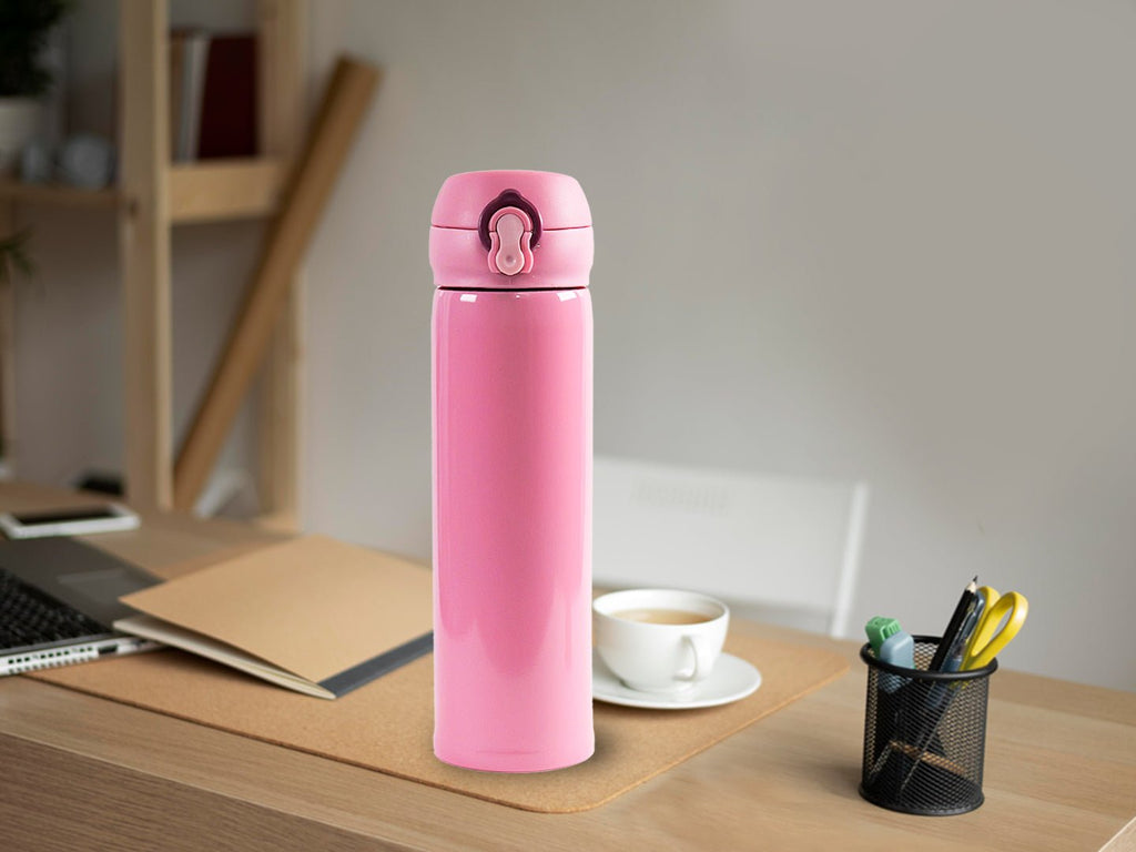 Elegant Pink Yellow Bee Stainless Steel Thermos Flask with a 500ml capacity, on an office desk