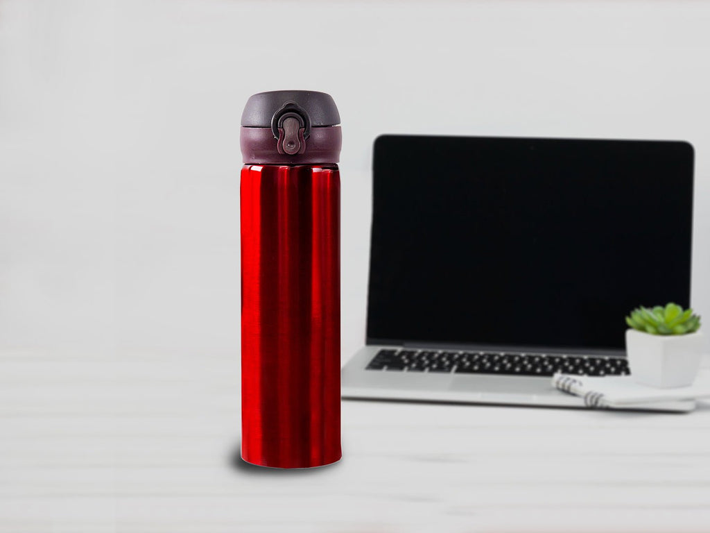 Sleek Yellow Bee Red Stainless Steel Thermos Flask Beside Laptop