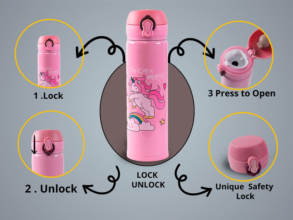  Instructional images for Yellow Bee Pink Unicorn Flask showcasing the lock and press-to-open features.