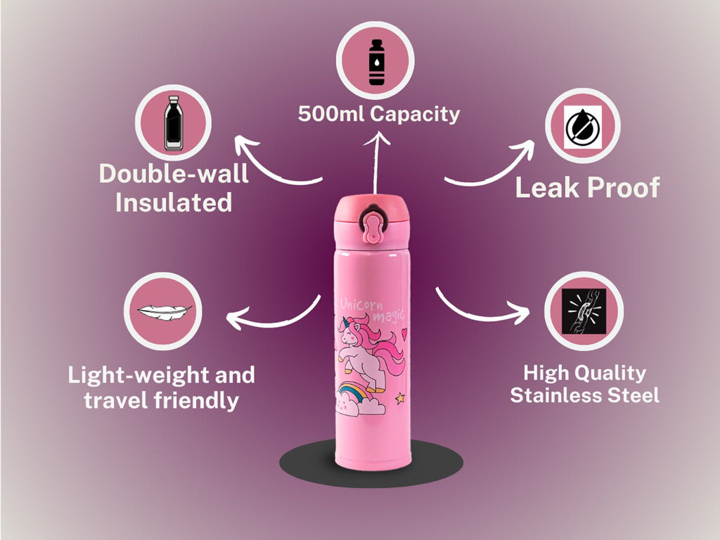  Detail images for Yellow Bee Pink Unicorn Flask showcasing the lock and press-to-open features.