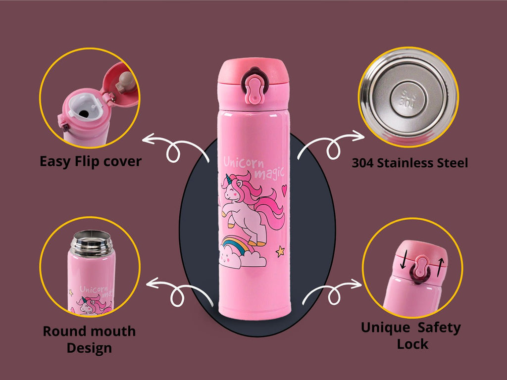 Feature highlights of Yellow Bee 500ML Pink Unicorn Stainless Steel Flask.
