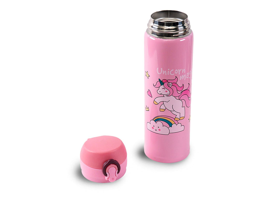 Open Yellow Bee Pink Unicorn Flask with the lid off, showing the round mouth design and 304 stainless steel interior.