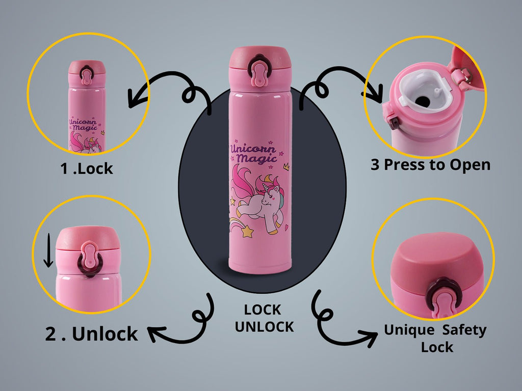 Visual guide for the Yellow Bee Pink Unicorn Flask showing the lock and unlock safety features.