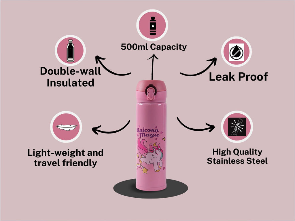 Feature display of the Yellow Bee 500ML Pink Unicorn Theme Flask highlighting double-wall insulation.