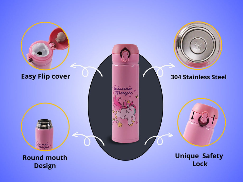 Close-up of design features for the Yellow Bee 500ML Unicorn Theme Flask in pink with stainless steel interior.