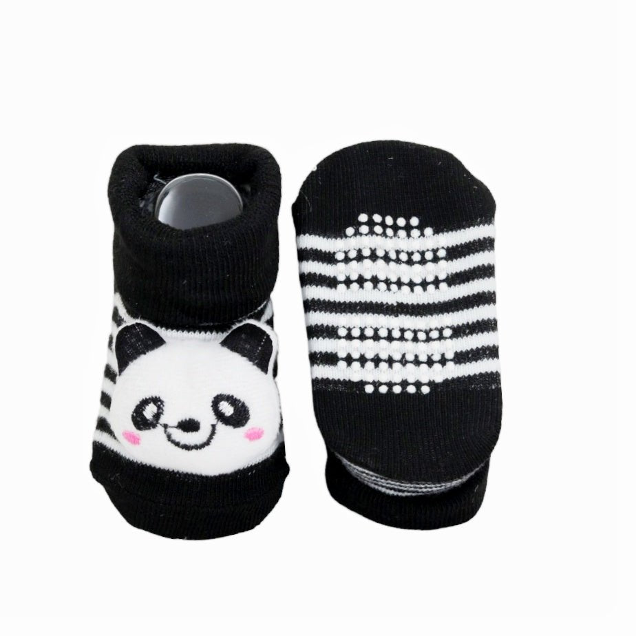 Pair of baby boy's socks with panda face and anti-slip patterns.