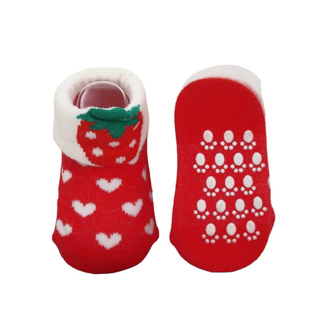 Red strawberry baby socks with white hearts, showcasing the non-slip sole design