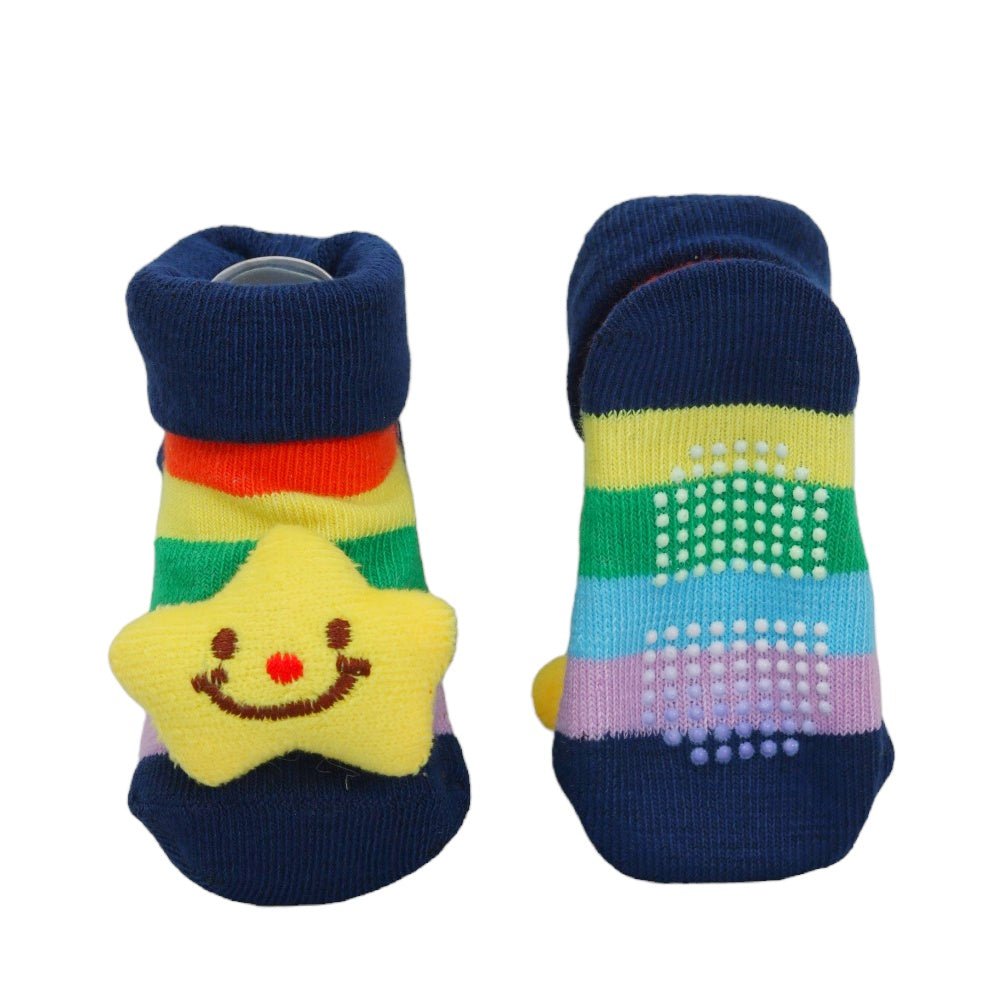Blue striped baby boy socks with yellow star detail, showing non-slip soles