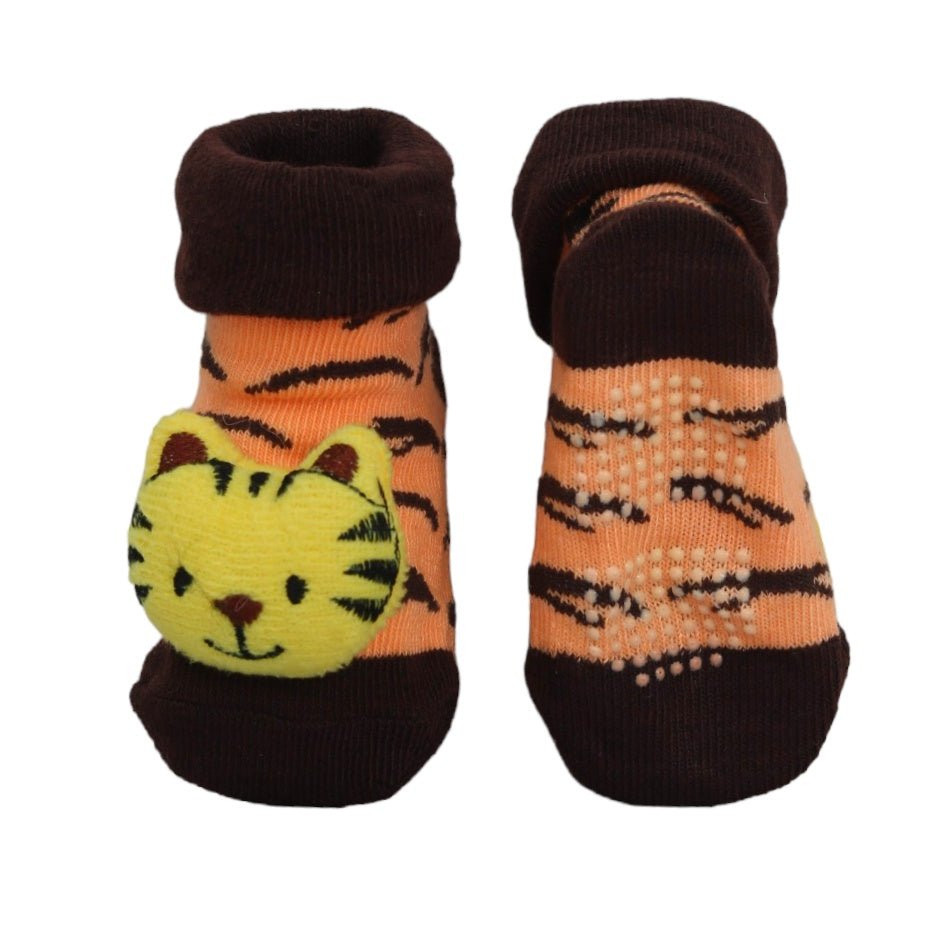 Pair of brown striped socks with cute yellow tiger face appliques for baby boys