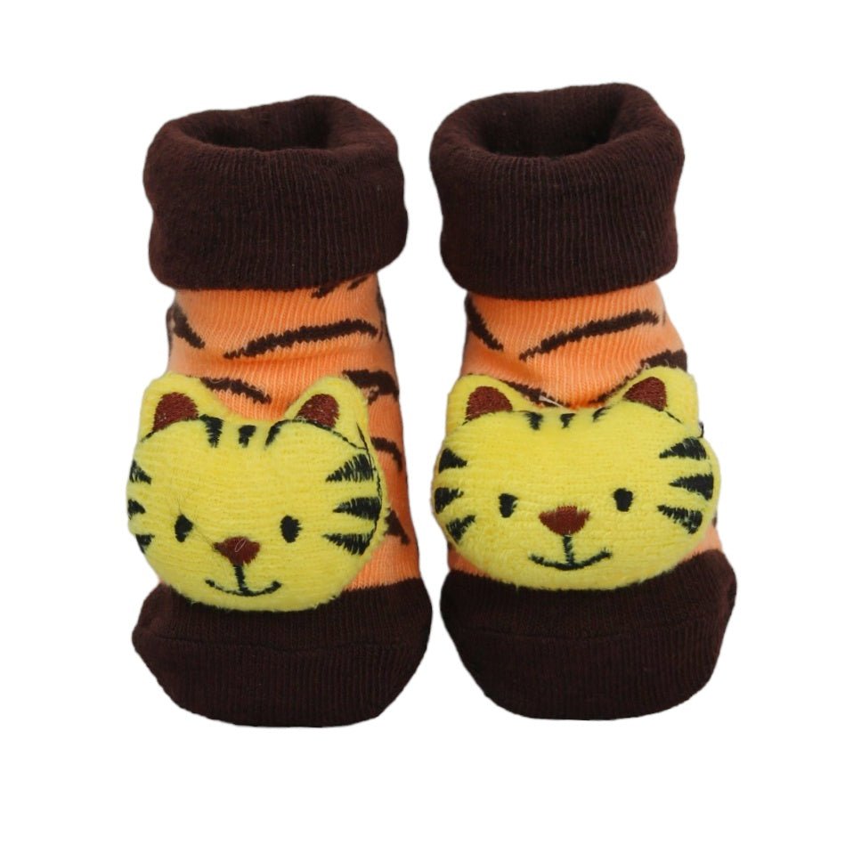 Front view of brown striped baby boy socks with tiger face designs