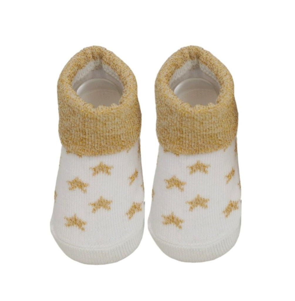 Pair of Yellow Bee Star Socks with Golden Cuffs