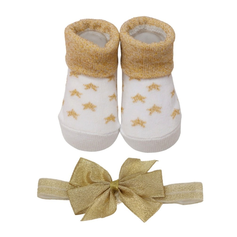 Top View of Yellow Bee Star Socks and Gold Bow Headband