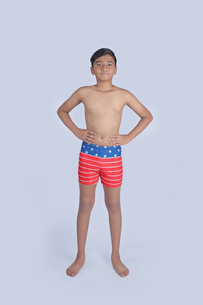 Front view of Yellow Bee's American flag-themed swim shorts for boys