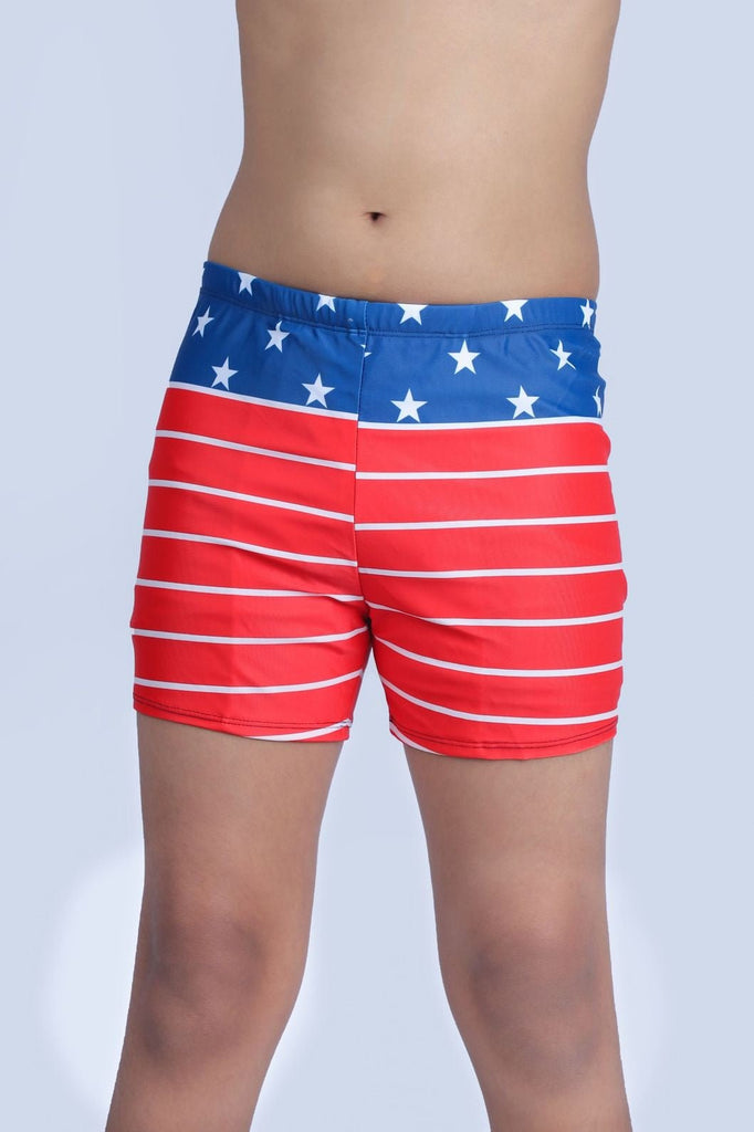 Close-up of Yellow Bee boys' swim shorts with American flag-inspired design