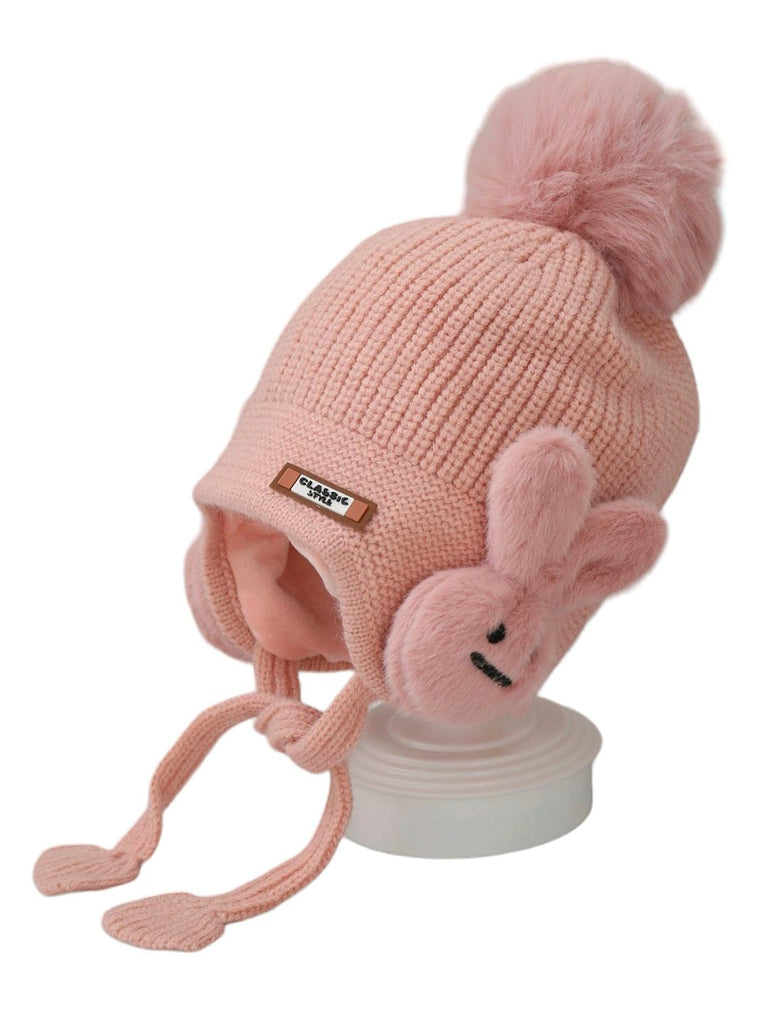 Kids' Blush Bunny Ear Hat with Fluffy Pom-Pom on White Display Stand