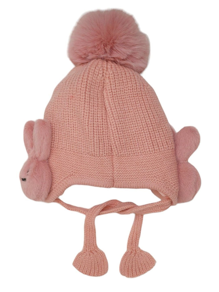 Back View of Children's Blush Bunny Hat with Ear Flaps and Ties on White