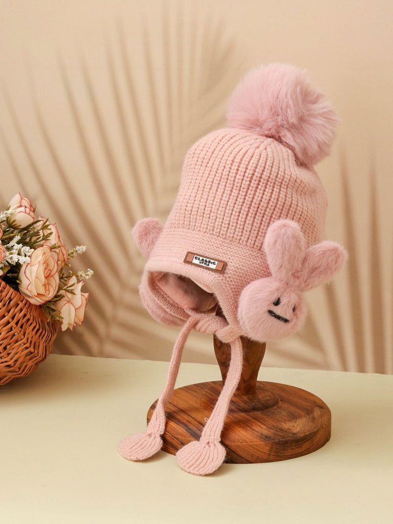 Pink Bunny Winter Hat with Pom-Pom and Tie Straps