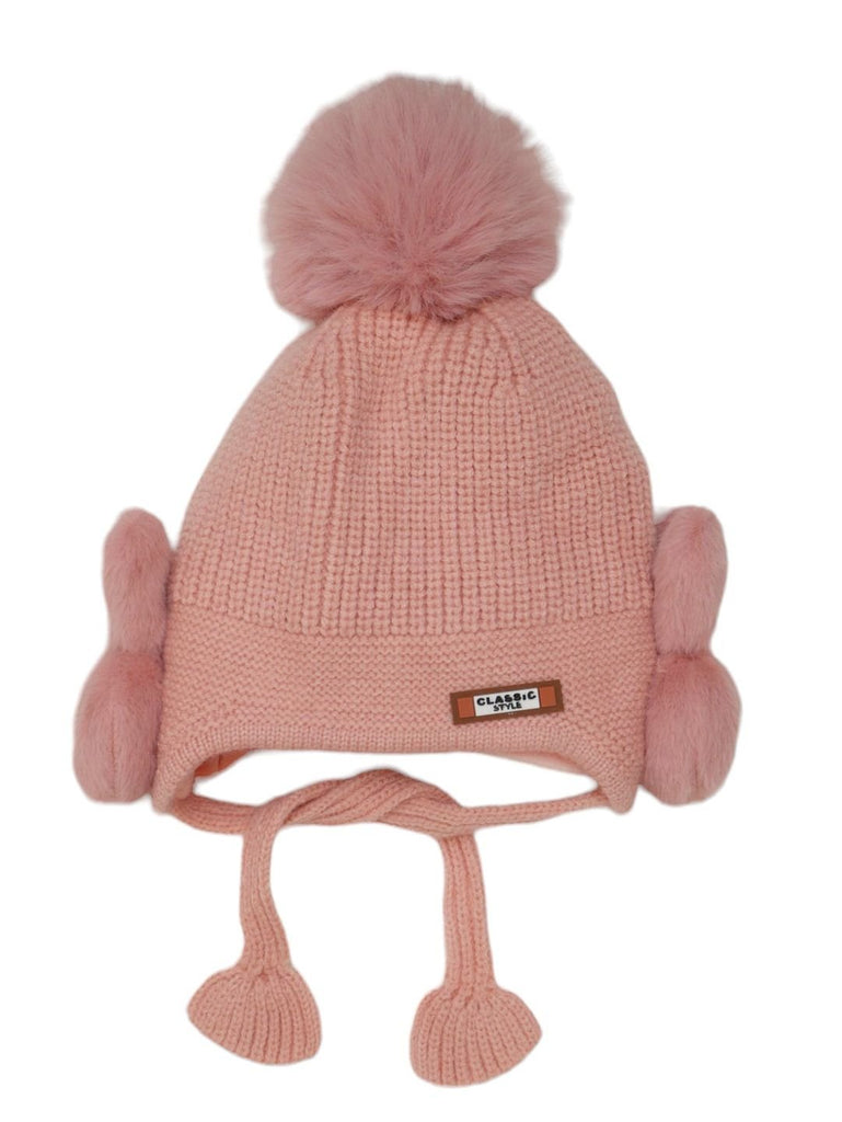 Soft Blush Knit Winter Hat with Cute Bunny Ears and Pom-Pom for Kids