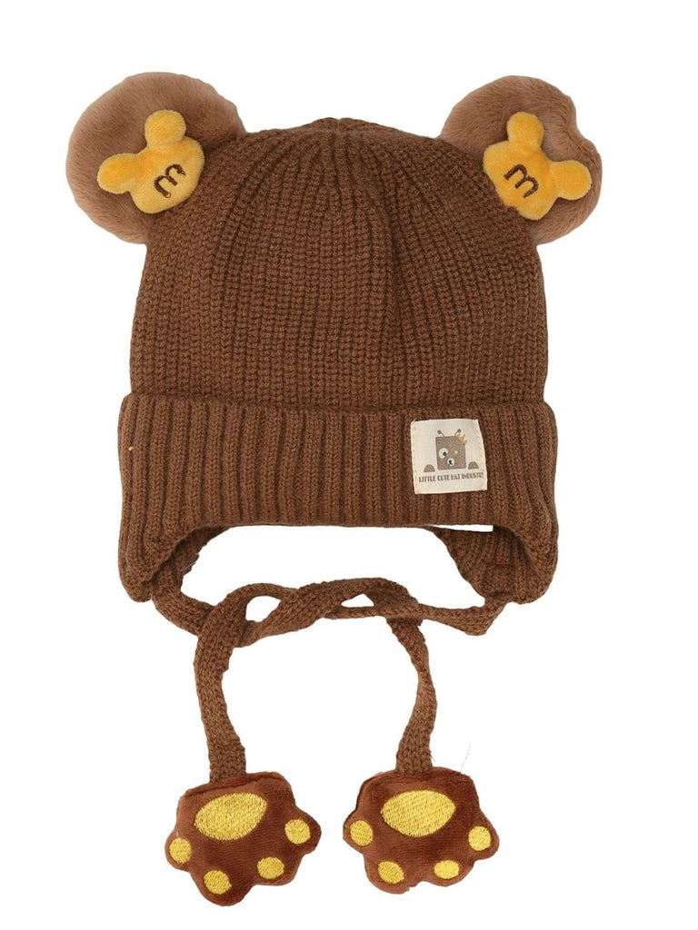 Front View of Earthy Tone Teddy Ear Beanie Hat for Boys with Knit Details