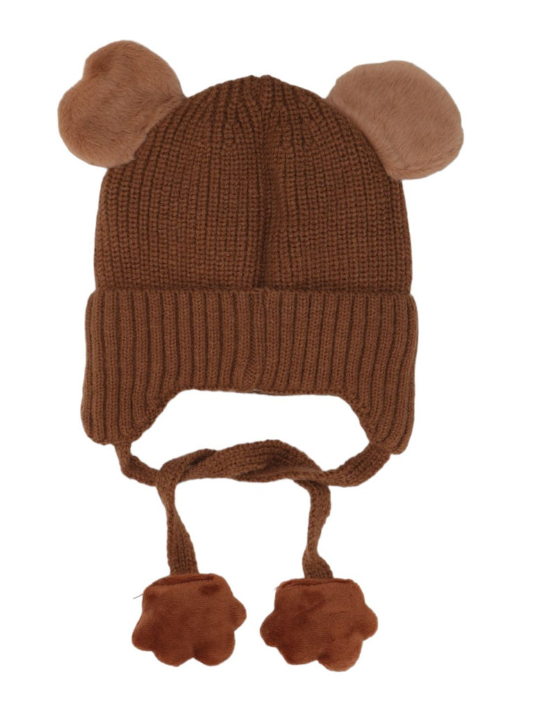 Neutral Colored Boys' Knit Hat with Teddy Bear Ears and Paw Prints Ties