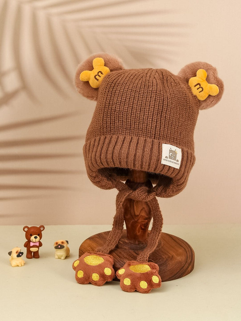 Boy's Beanie Hat with Cute Teddy Ears and Paw Tie Strings