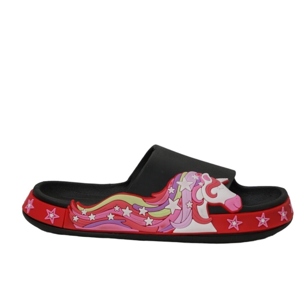 Rear View of Kids' Black Slides with Unicorn and Stars Design