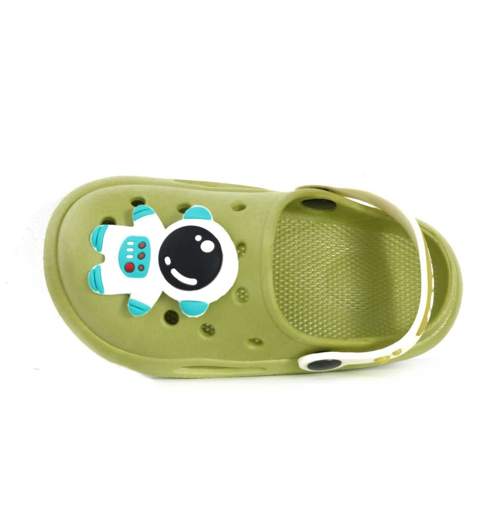 Green children's clog showcasing a charming astronaut figure, designed for comfort and style.