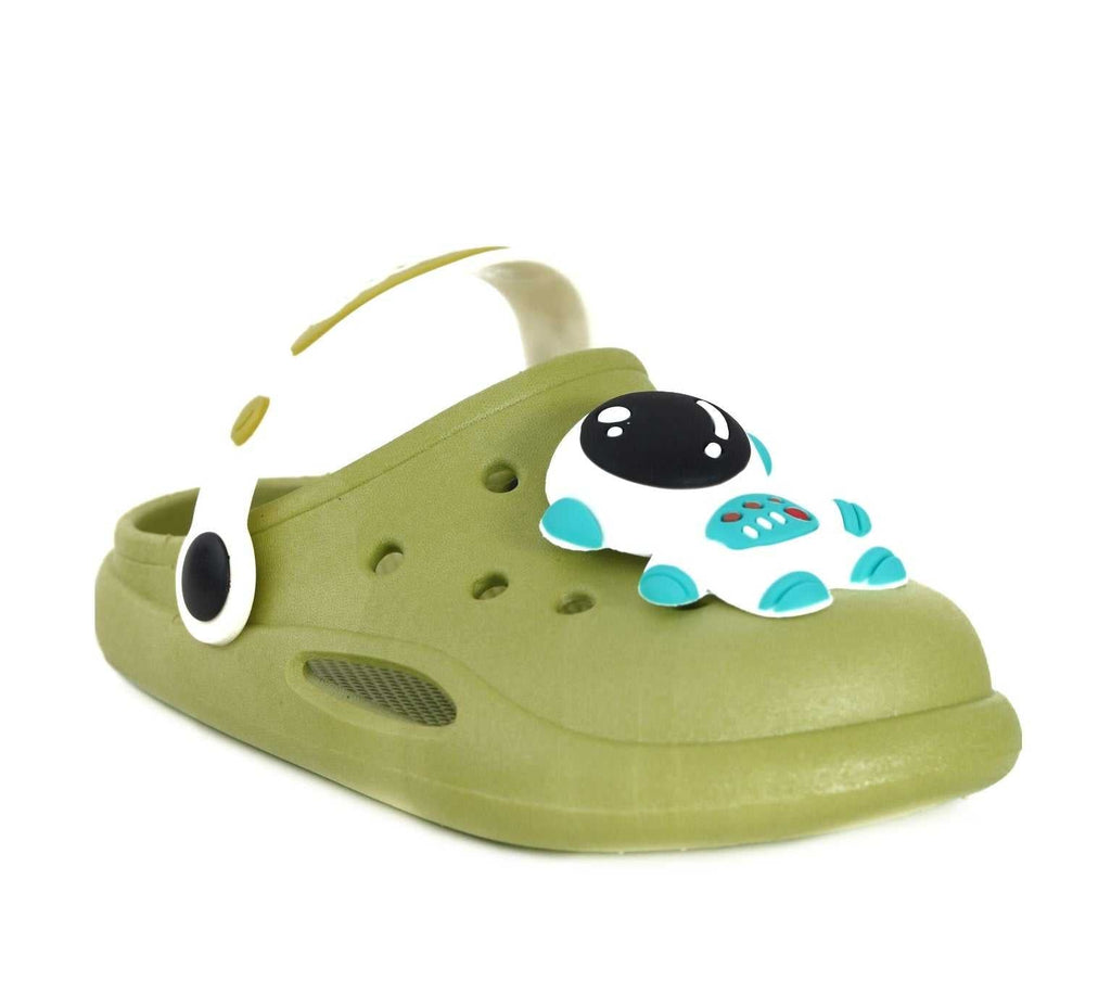 Side view of kid's green space-inspired clog with adjustable strap for a perfect fit