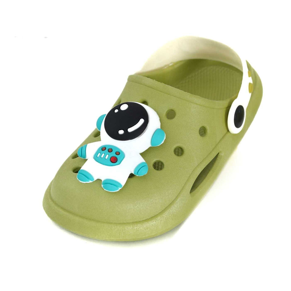 Top view of playful astronaut clogs for children, blending fun and practicality.