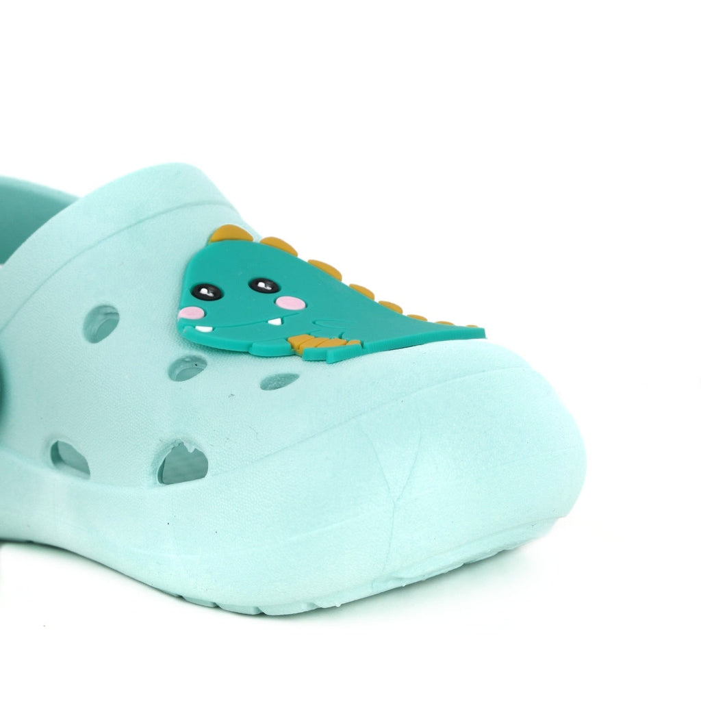 Close-up of the Dino Motif Clog's dinosaur detail, ideal for playful kids