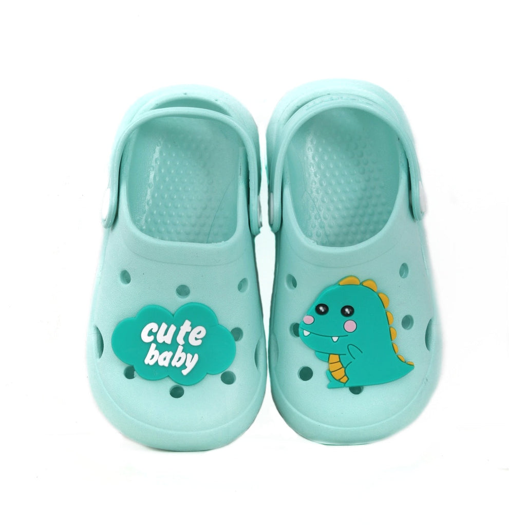 Light blue Dino Motif Clog for toddlers with a cute dinosaur character.
