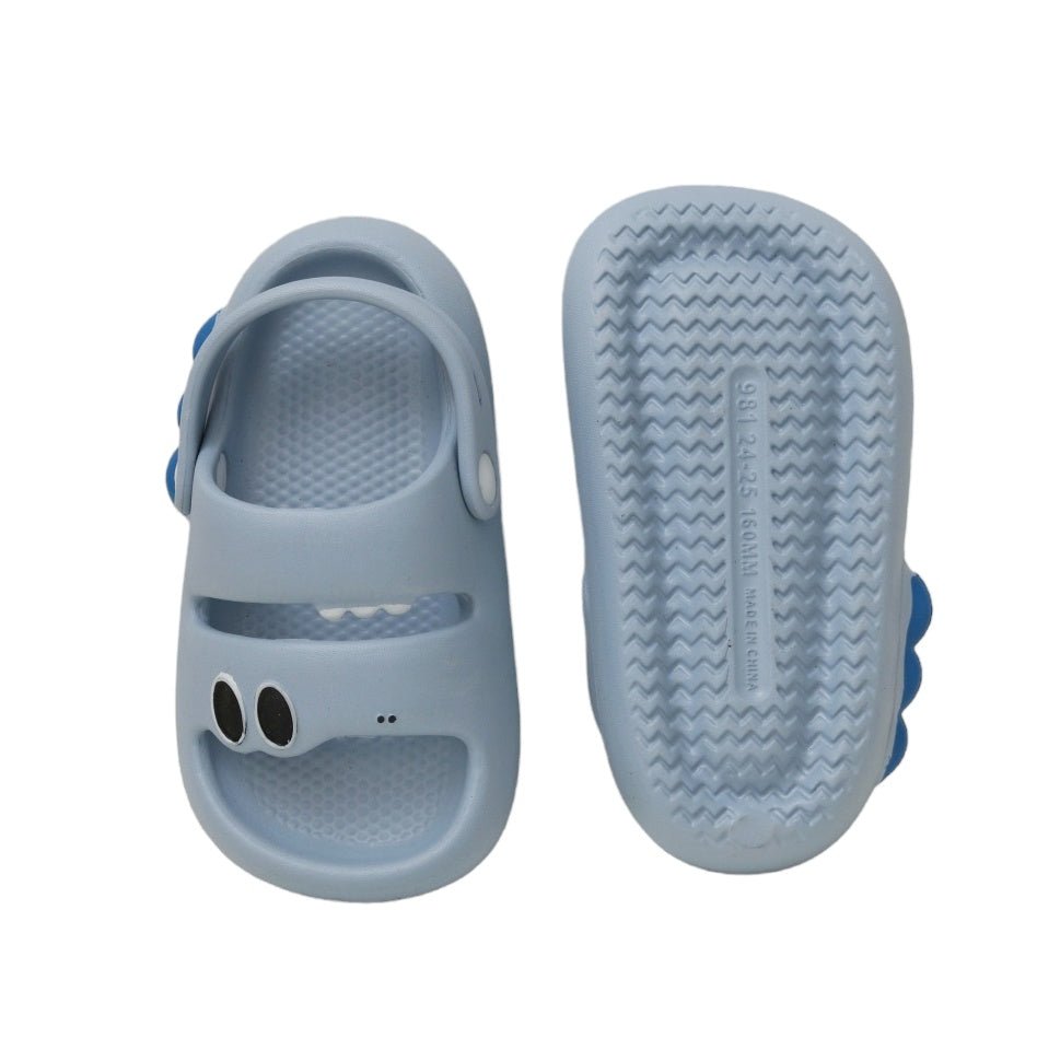 Top and bottom view of Stompy Blue Dino Sandals, displaying the tread pattern for safety.