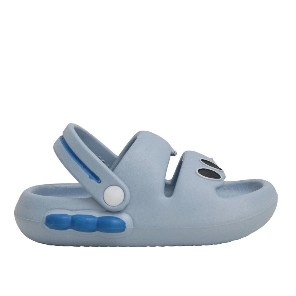 Side angle view of Stompy Blue Dino Sandals highlighting the supportive heel strap.