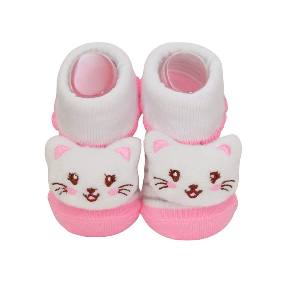 Top view of Yellow Bee baby girls' cat design socks in white and pink.