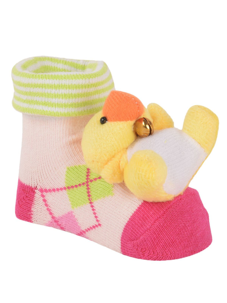 Top view of yellow duck stuffed toy socks with plush head and soft sole.