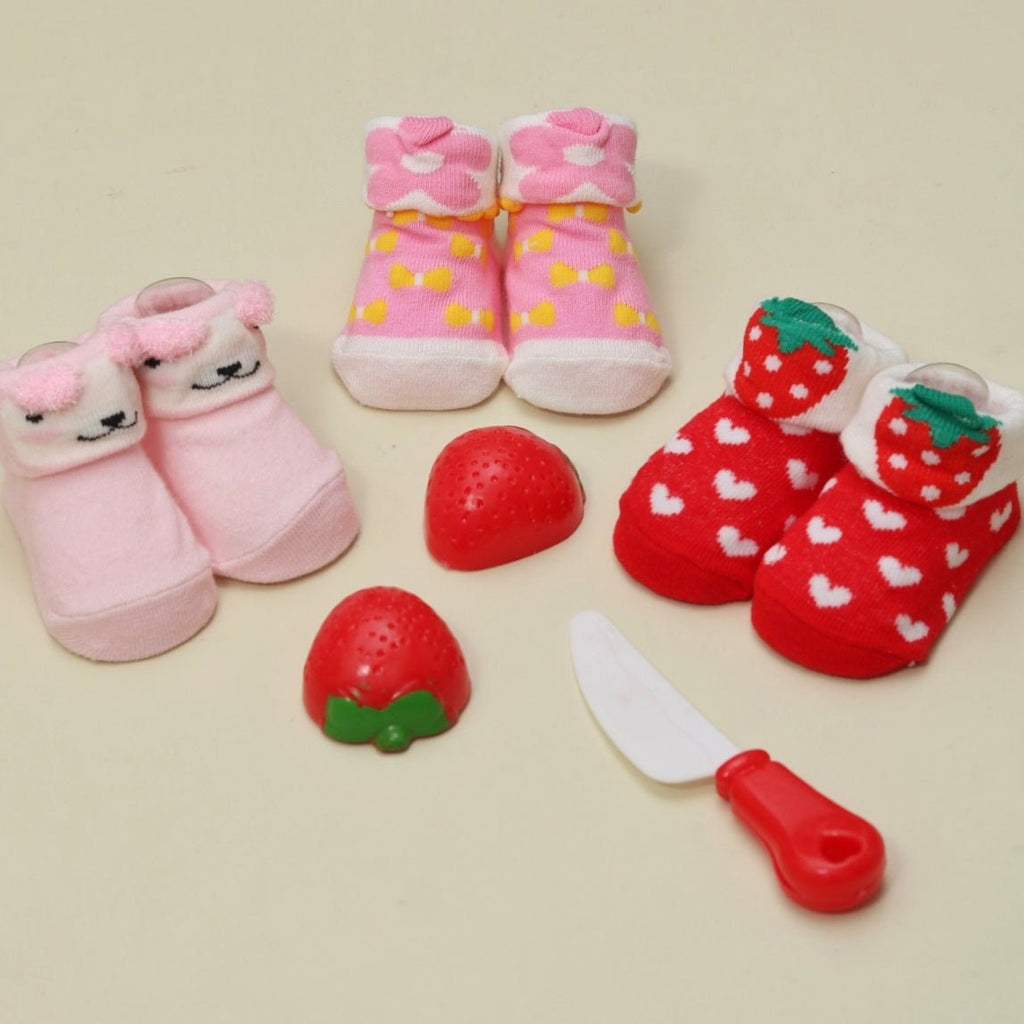 Baby Girl's Strawberry and Puppy Socks Set with Toy Strawberry and Knife