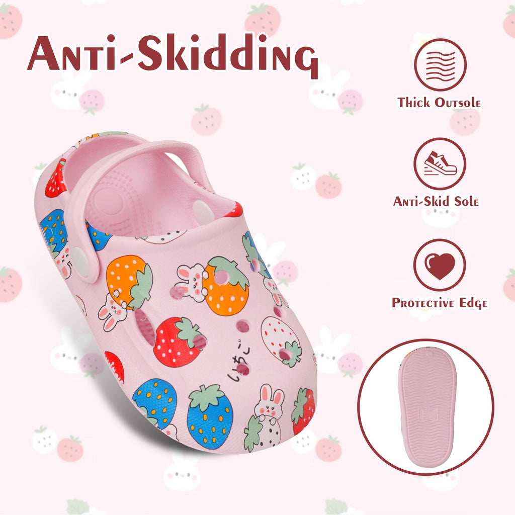 Highlighting the anti-skid and durable qualities of Yellow Bee's strawberry and bunny printed clogs for girls