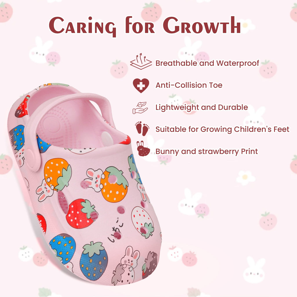 Showcasing the growth-friendly features of Yellow Bee's pink clogs with bunny and strawberry design.