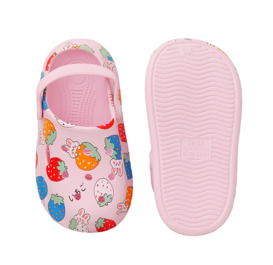 Top and sole view of Yellow Bee's pink clogs for girls, emphasizing the comfortable and secure fit."