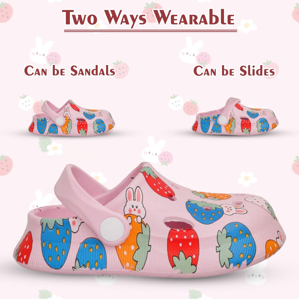 Versatile wearing options displayed for Yellow Bee's bunny and strawberry pink clogs as sandals or slides.