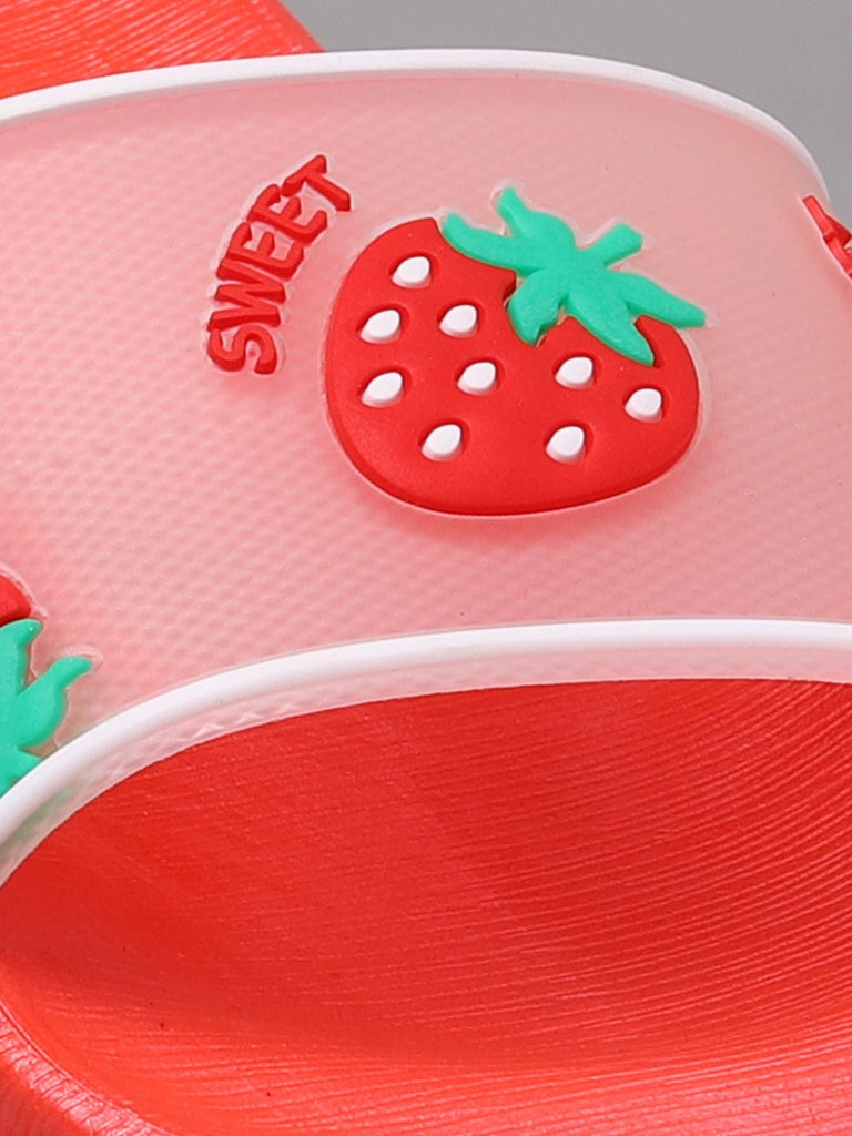 Close-up of the Strawberry Detail on Kids' Fashion Slide, Emphasizing the Playful Design