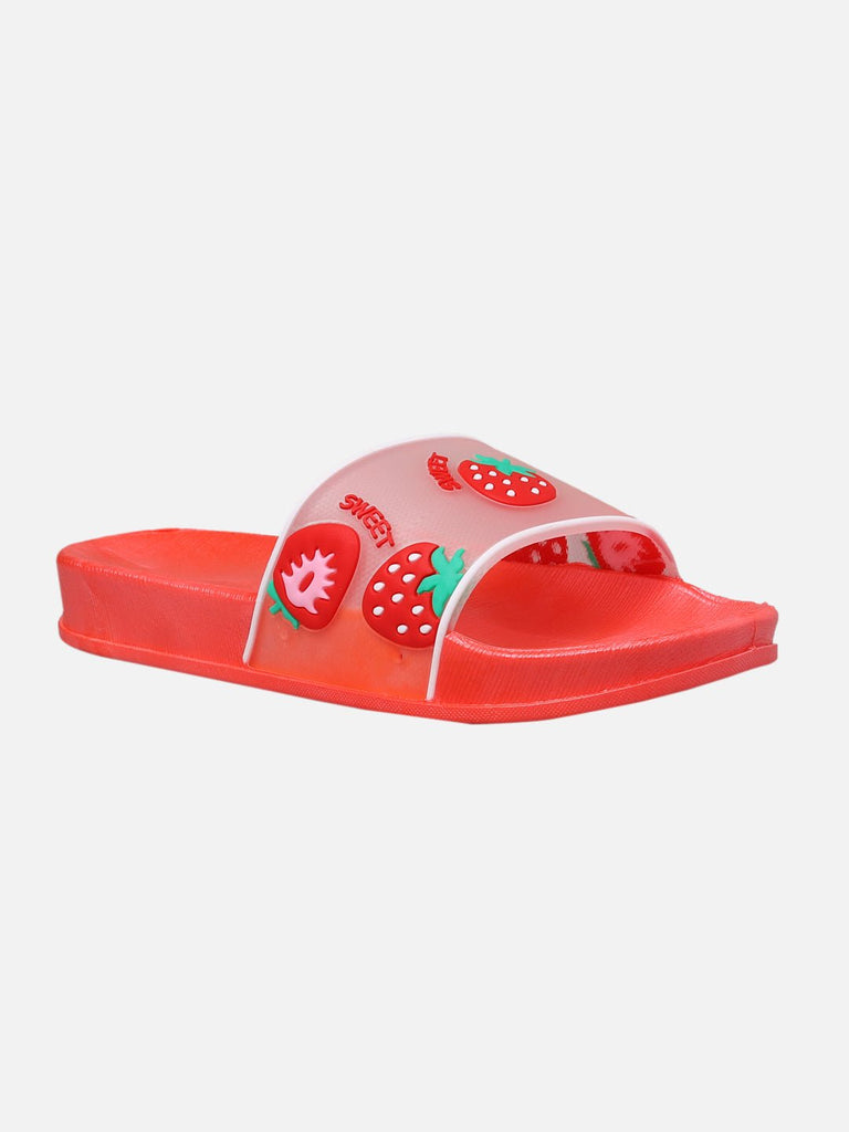 Angled Side View of Red Strawberry Fashion Slides for Stylish Comfort
