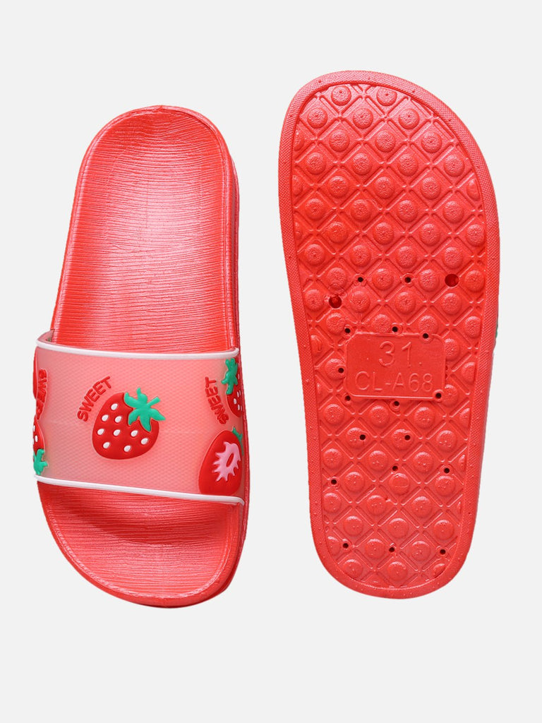 Top and Bottom View of Strawberry Fashion Slides in Vibrant Red